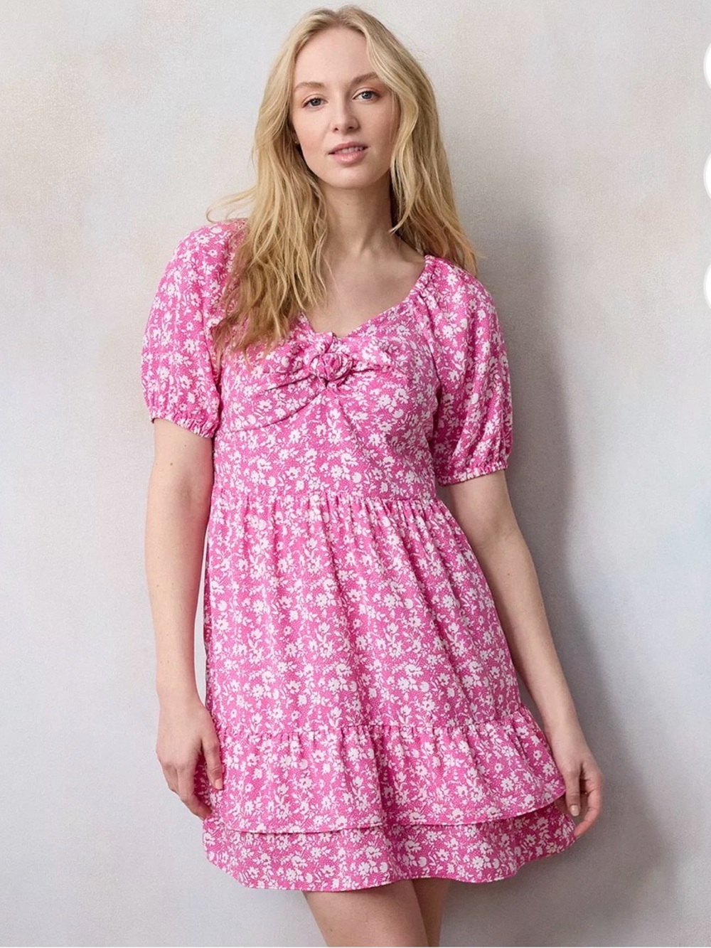 LC Lauren Conrad Hot Pink Floral Tie-Front Puff Sleeve Mini Dress